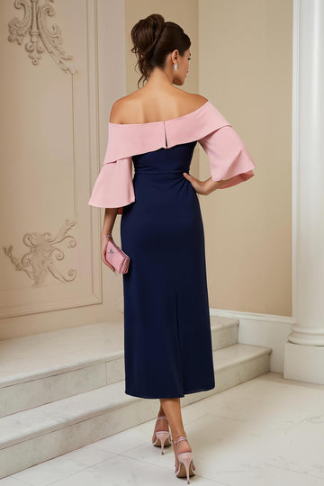 Navy Off the Shoulder Sheath Appliqued Midi Mother of the Bride Dress with Slit